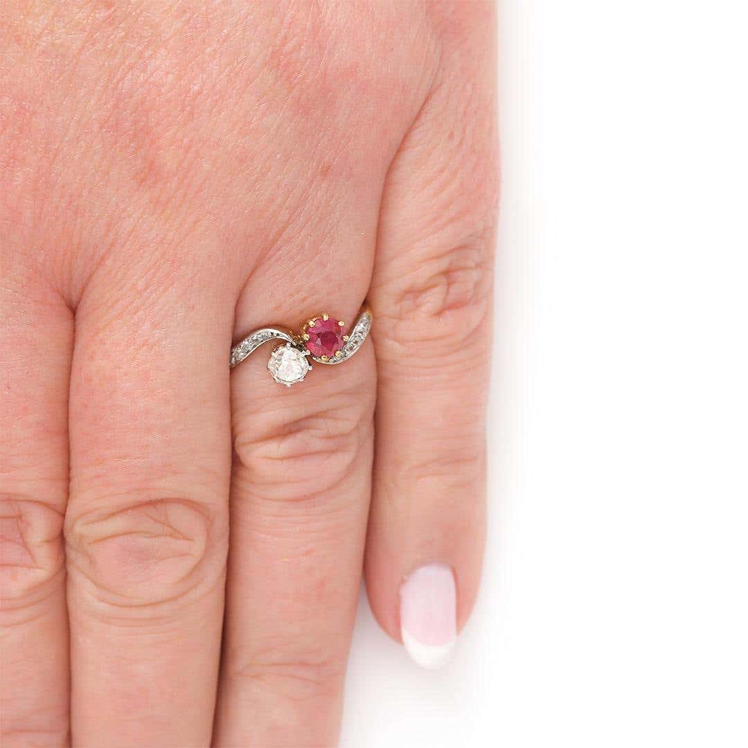 Early 20th Century 18ct Gold Ruby and Diamond Toi et Moi Ring