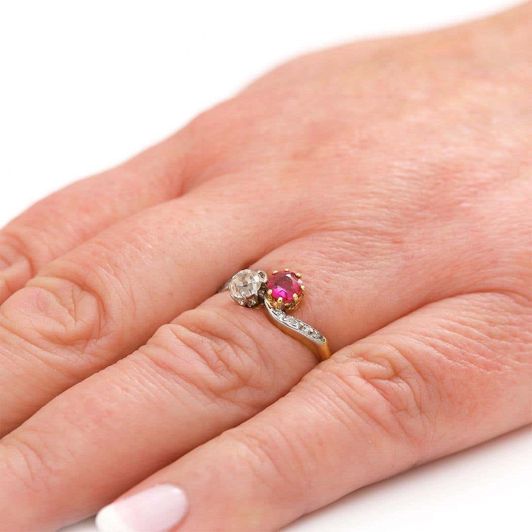 Early 20th Century 18ct Gold Ruby and Diamond Toi et Moi Ring