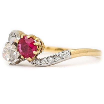 Early 20th Century 18ct Gold Ruby and Diamond Toi et Moi Ring