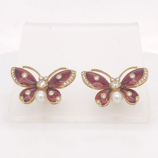 Red Enamel and Diamond Butterfly Earrings