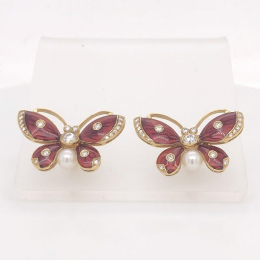 Red Enamel and Diamond Butterfly Earrings