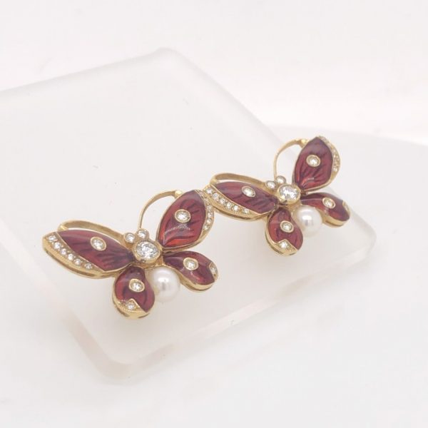 Red Enamel and Diamond Butterfly Earrings