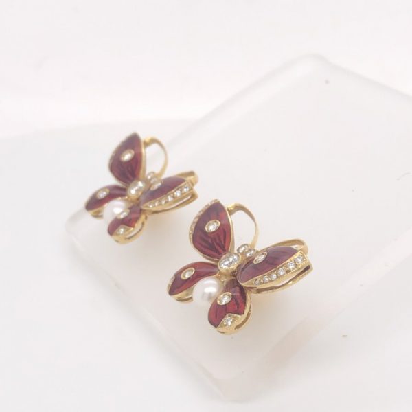 Red Enamel and Diamond Butterfly Earrings