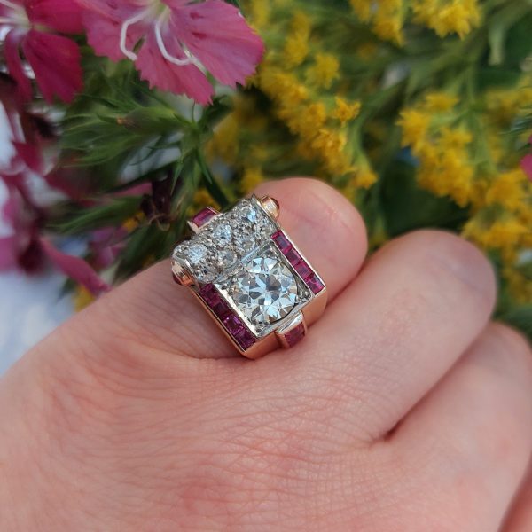 Retro 1.60ct Old Brilliant Cut Diamond and Ruby Ring