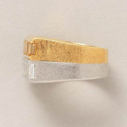 Retro 2ct Baguette Cut Fancy Yellow and White Diamond Ring in 18ct yellow gold and platinum row ring with matt finish