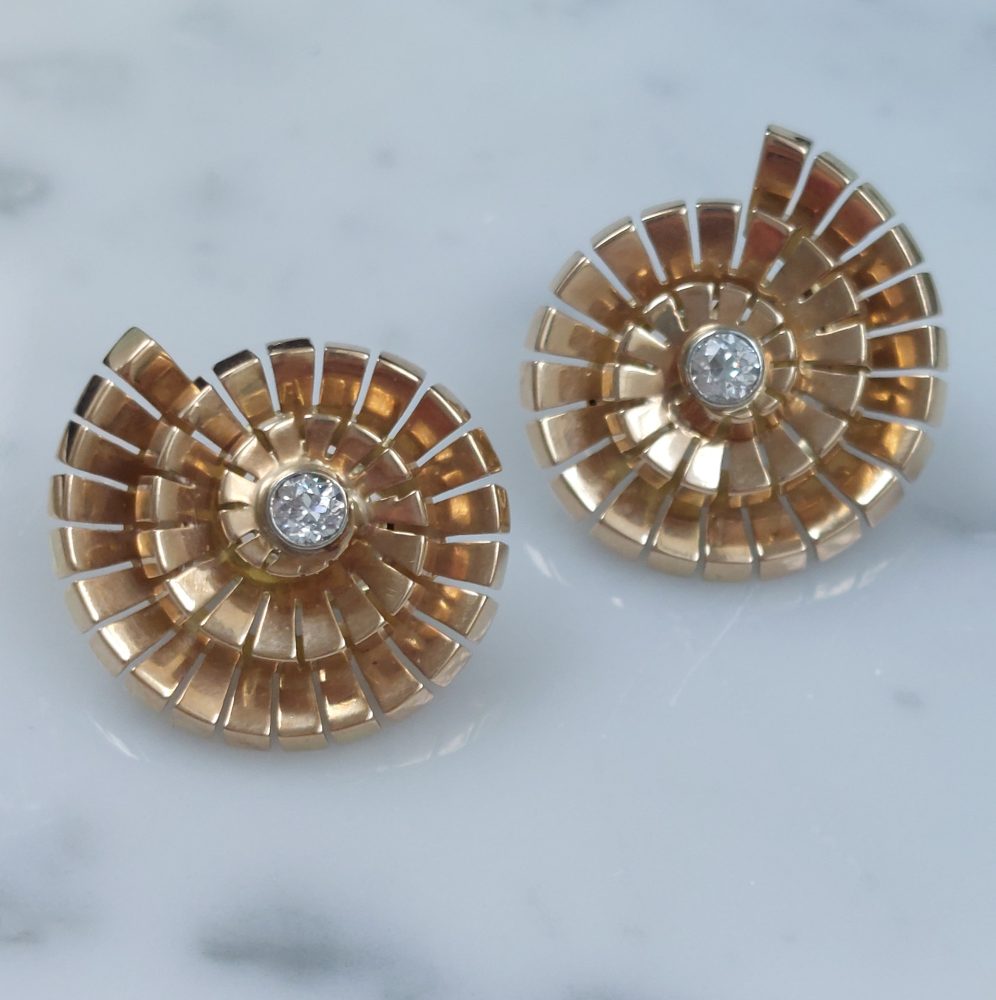 Retro Vintage 0.45ct Old Brilliant Cut Diamond Gold Shell Earrings