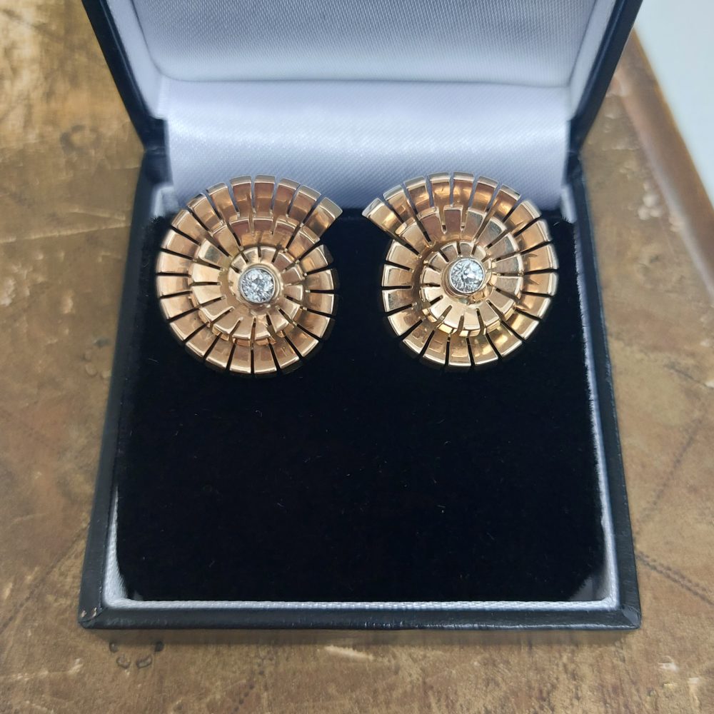 Retro Vintage 0.45ct Old Brilliant Cut Diamond Gold Shell Earrings