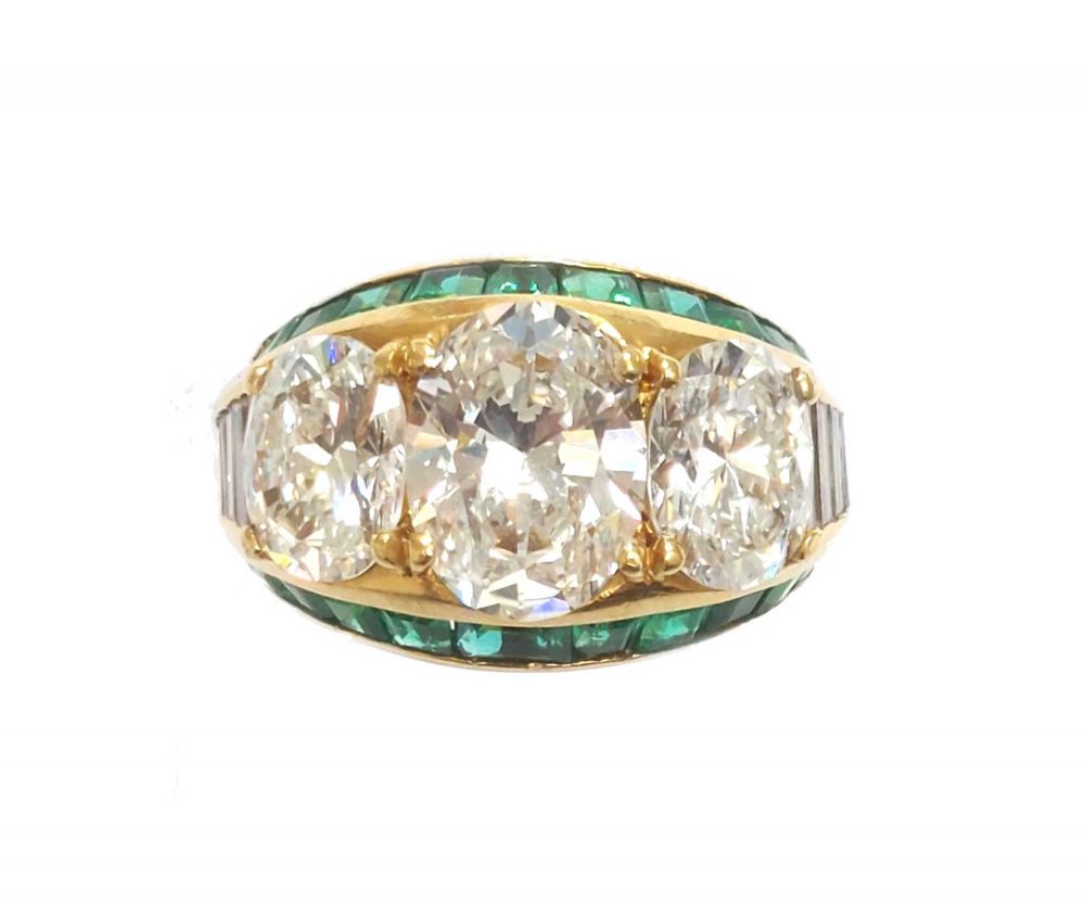 Vintage Three Stone Oval Cut Diamond and Emerald Ring, 4.98cts