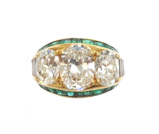 Vintage Three Stone Oval Cut Diamond and Emerald Ring, 4.98cts