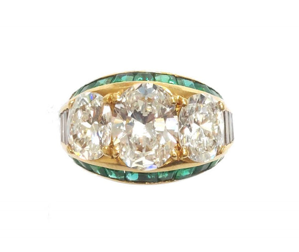 Vintage Three Stone Oval Cut Diamond and Emerald Ring, 4.98cts
