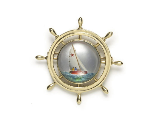 Vintage Reverse Crystal Yacht & Ship's Wheel Brooch