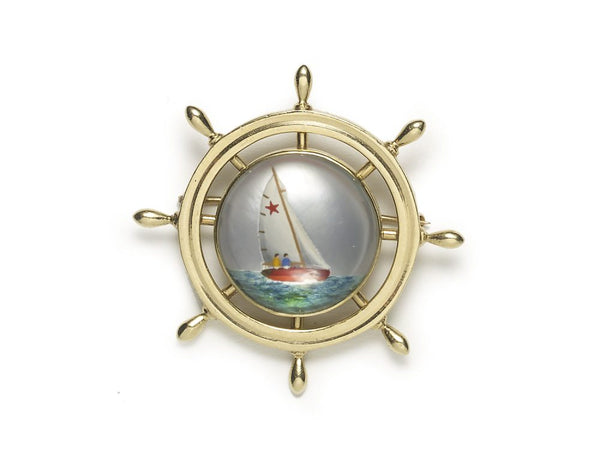 Vintage Reverse Crystal Yacht & Ship's Wheel Brooch
