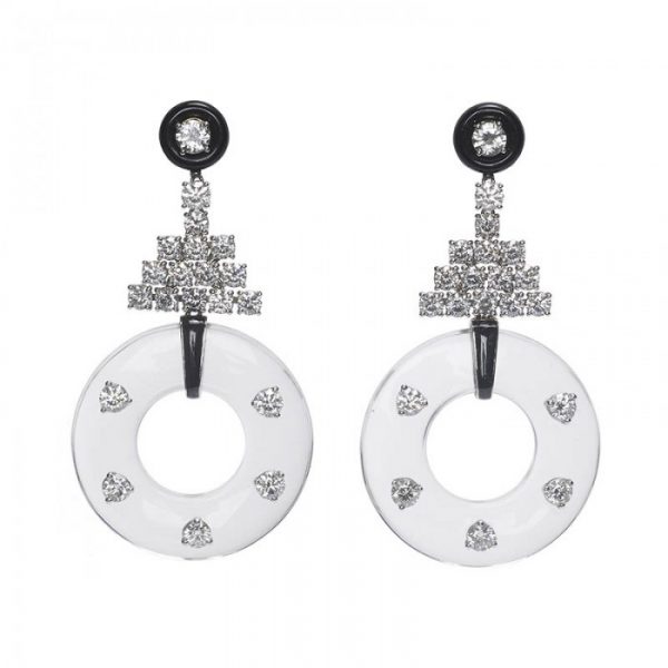 Rock Crystal, Onyx and Diamond Drop Earrings