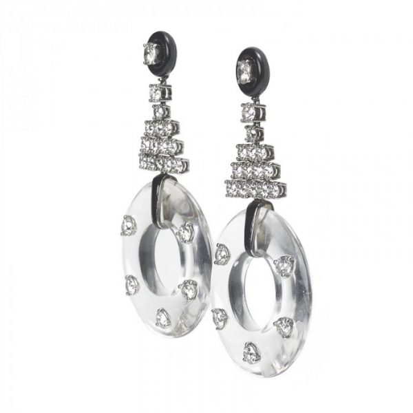 Rock Crystal, Onyx and Diamond Drop Earrings