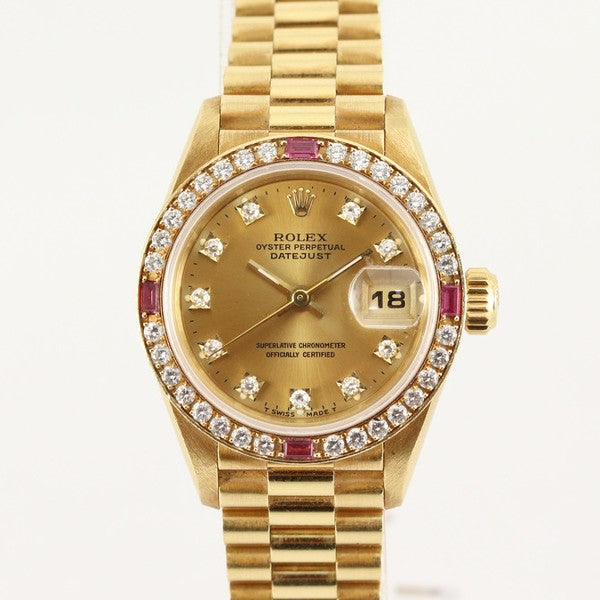 Rolex Datejust 18ct Gold Diamond Ruby Bezel Ladies Watch, 69068