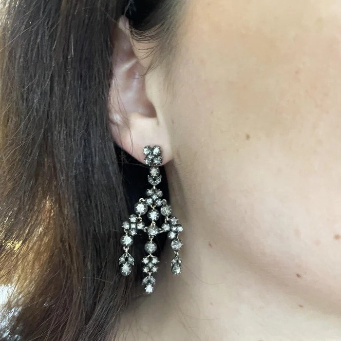 Georgian 4ct Rose Cut Diamond Girandole Chandelier Drop Earrings