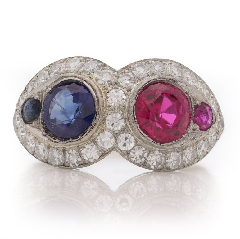 Ruby Sapphire and Diamond Two Stone Double Cluster Ring