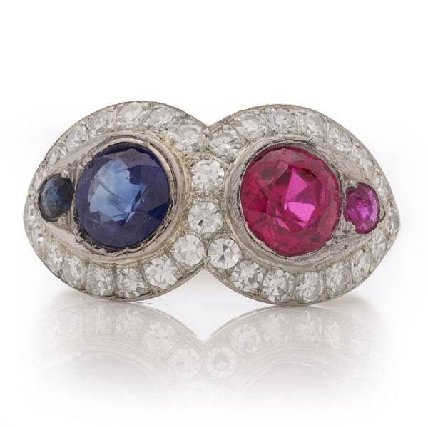 Ruby Sapphire and Diamond Two Stone Double Cluster Ring