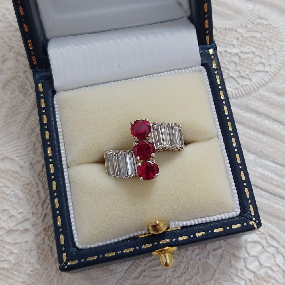 Vintage 1.70ct Burma Ruby and Baguette Cut Diamond Ring