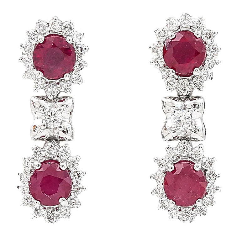 Ruby and Diamond Double Cluster Drop Earrings