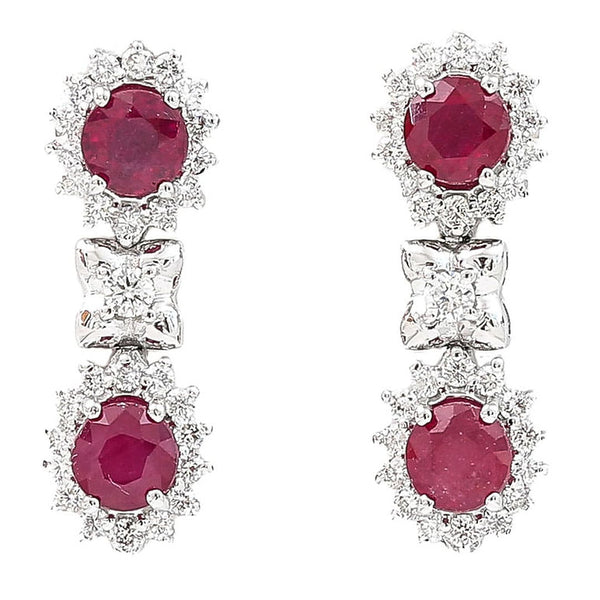 Ruby and Diamond Double Cluster Drop Earrings