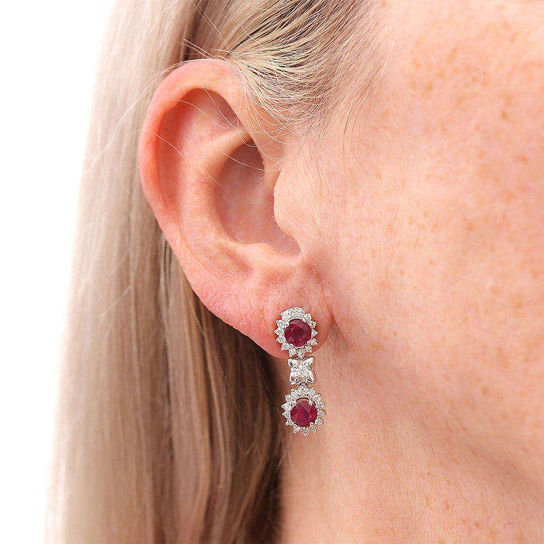 Ruby and Diamond Double Cluster Drop Earrings