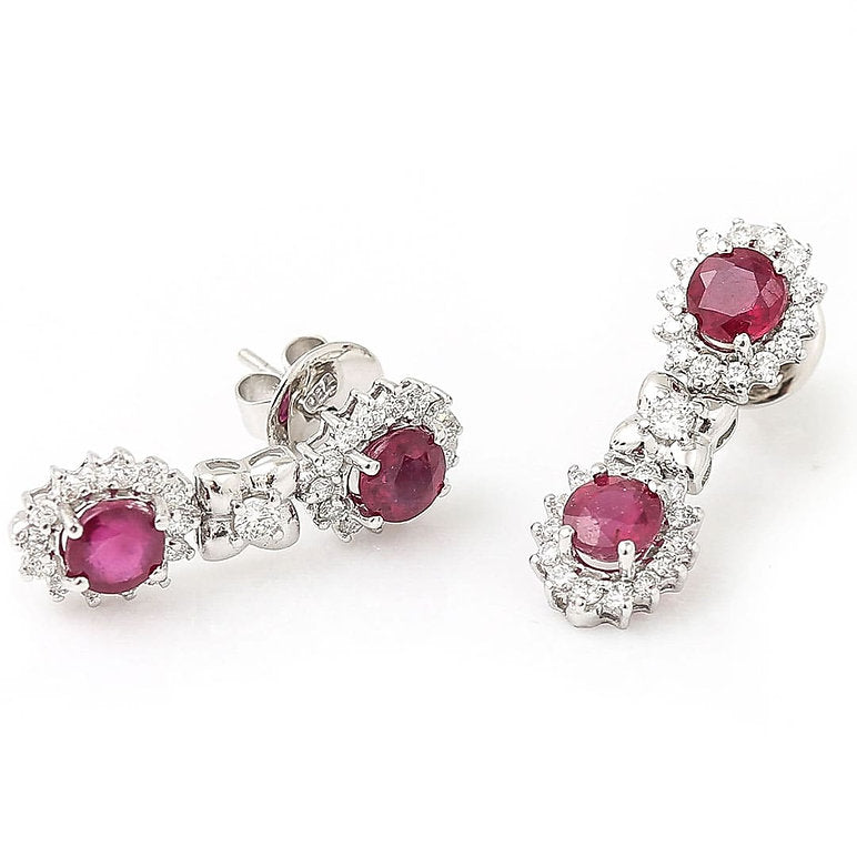 Ruby and Diamond Double Cluster Drop Earrings