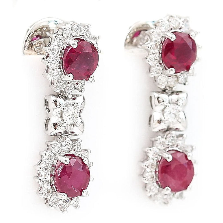 Ruby and Diamond Double Cluster Drop Earrings