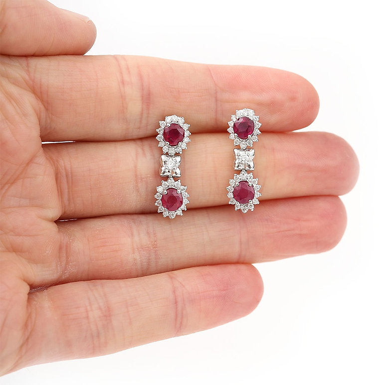Ruby and Diamond Double Cluster Drop Earrings