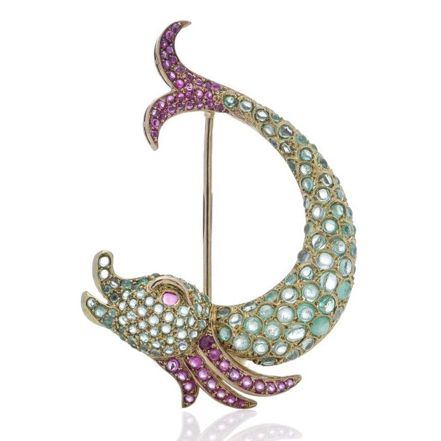 Vintage Ruby and Emerald Fish Brooch