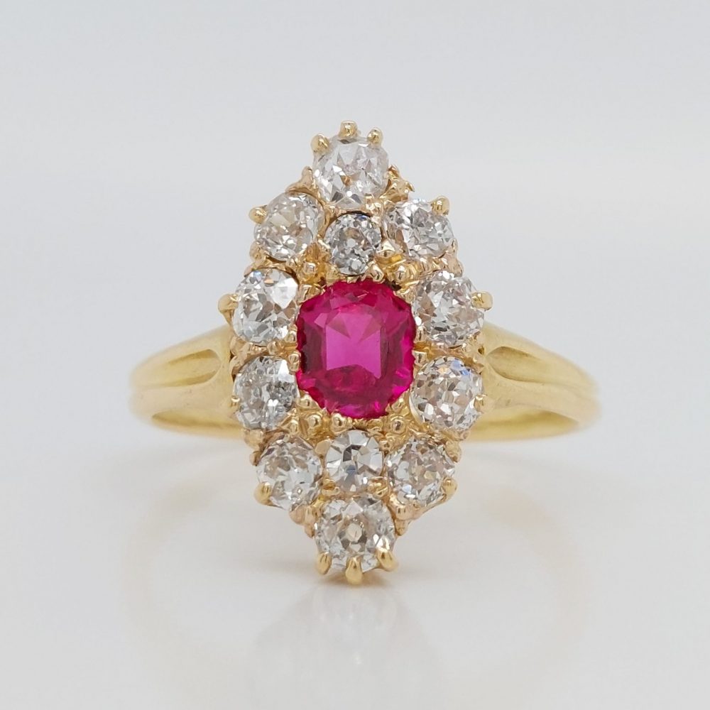 Ruby and Old Mine Cut Diamond Navette Cluster Antique Victorian Ring