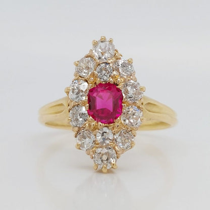 Ruby and Old Mine Cut Diamond Navette Cluster Antique Victorian Ring