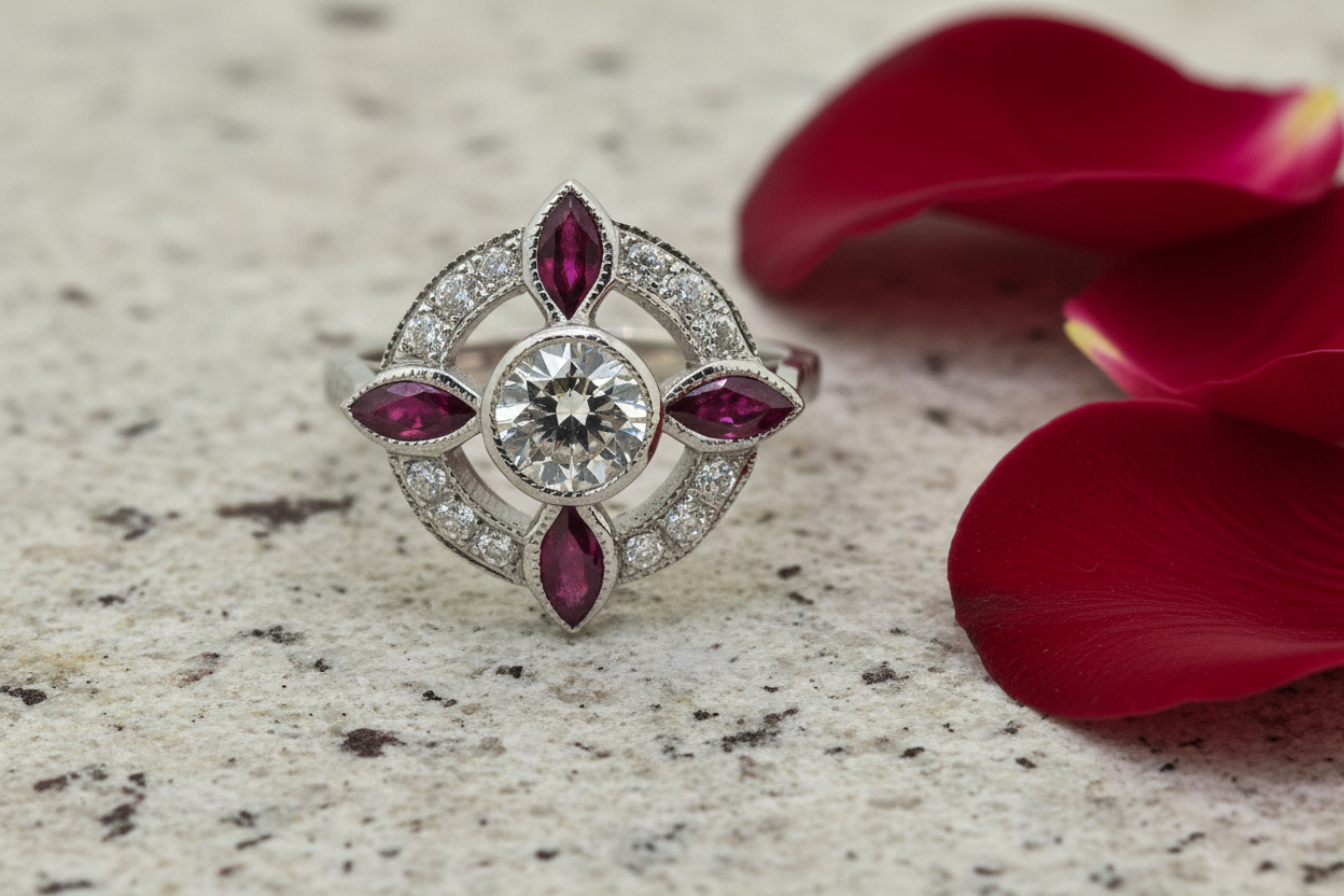 Ruby and Diamond Cluster Dress Ring, Platinum Open Work round circle halo 