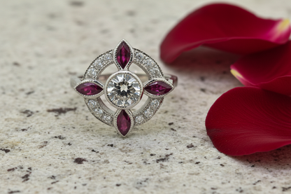Ruby and Diamond Cluster Dress Ring, Platinum Open Work round circle halo 
