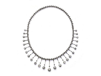 Antique diamond necklace boxed old cut diamond Fringe French silver and gold