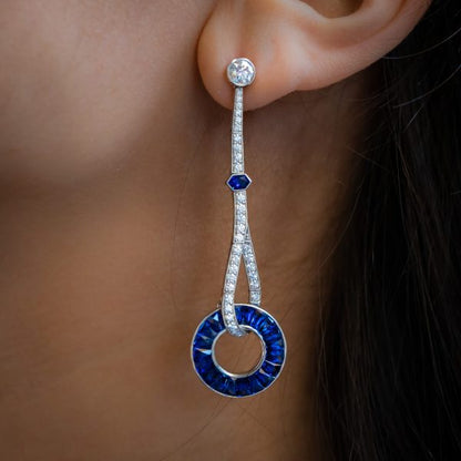 Art Deco Style Sapphire and Diamond Drop Earrings, Platinum
