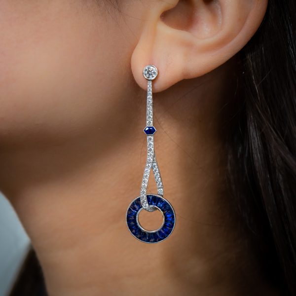 Art Deco Style Sapphire and Diamond Drop Earrings, Platinum