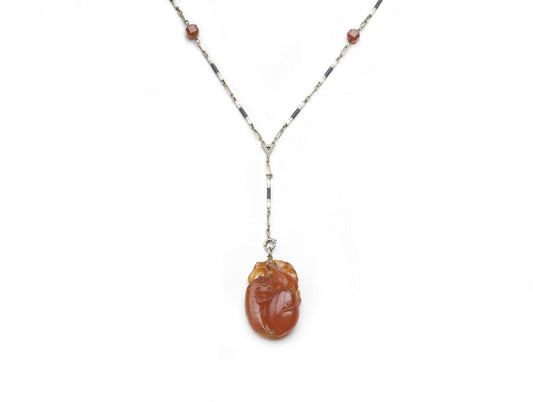 Antique Art Deco Carved Carnelian and Enamel Chain Necklace