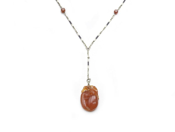 Antique Art Deco Carved Carnelian and Enamel Chain Necklace