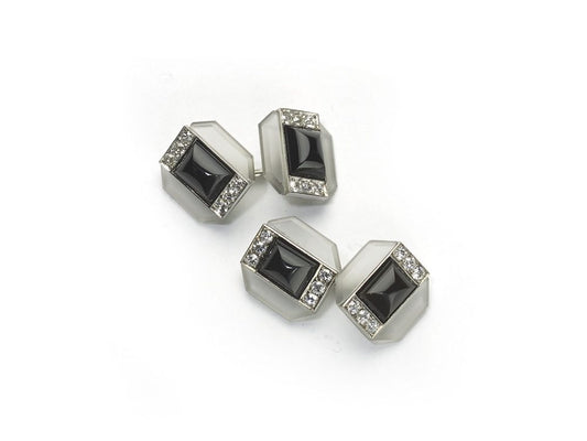 Art Deco Rock Crystal Black Onyx Diamond Gold Cufflinks