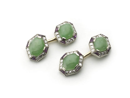 Fine Pair of Art Deco Jade Ruby Diamond Gold Platinum Cufflinks