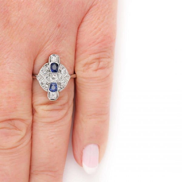 Vintage Art Deco Platinum and 18ct Gold Sapphire and Diamond Plaque Ring, Circa 1925