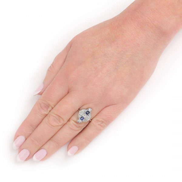 Vintage Art Deco Platinum and 18ct Gold Sapphire and Diamond Plaque Ring, Circa 1925