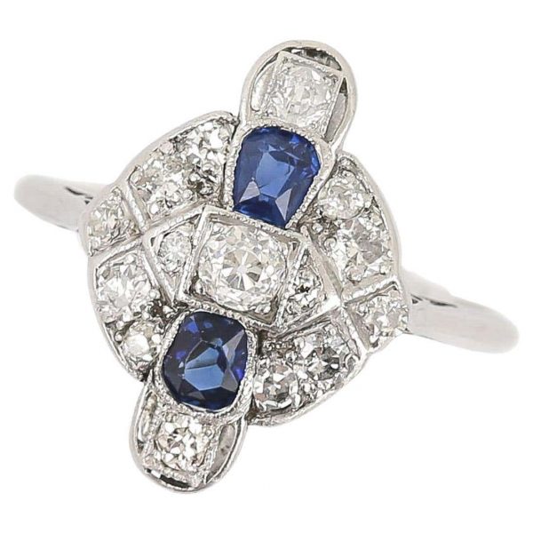 Vintage Art Deco Platinum and 18ct Gold Sapphire and Diamond Plaque Ring, Circa 1925