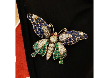 Sapphire, Emerald And Diamond Butterfly Brooch