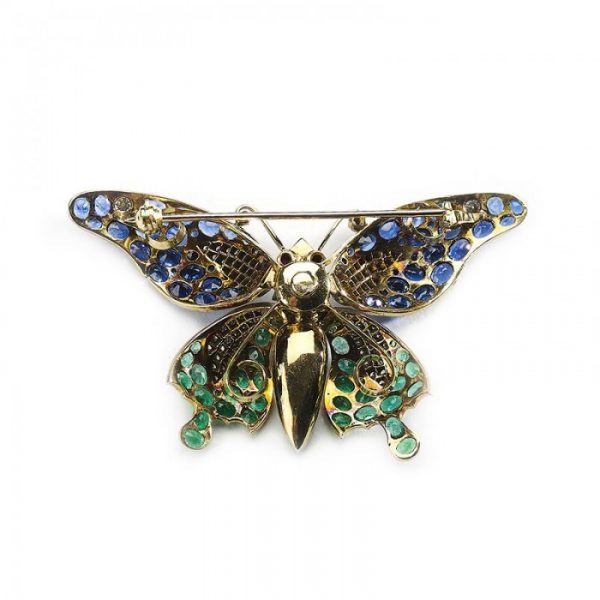 Sapphire, Emerald And Diamond Butterfly Brooch