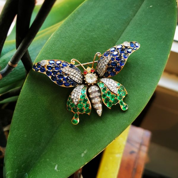 Sapphire, Emerald And Diamond Butterfly Brooch