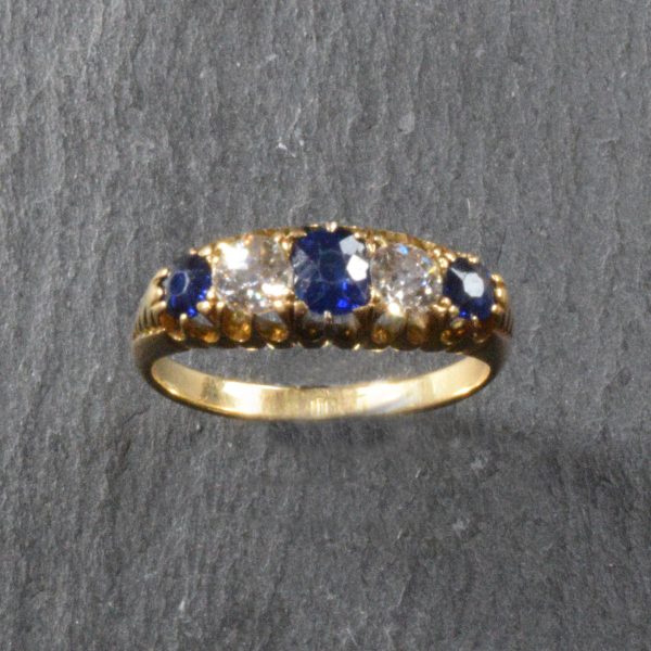 Antique Victorian Sapphire and Diamond Five Stone Ring, 18ct Gold