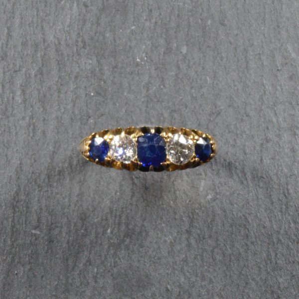 Antique Victorian Sapphire and Diamond Five Stone Ring, 18ct Gold