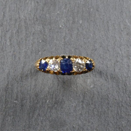 Antique Victorian Sapphire and Diamond Five Stone Ring, 18ct Gold